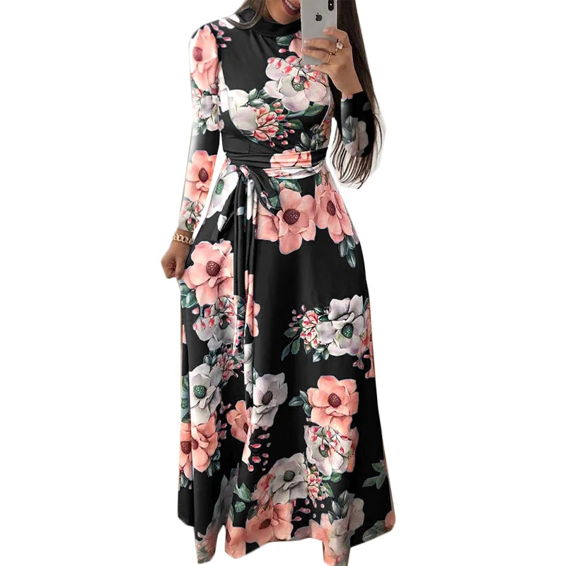 

Women Dress Elegant Long Sleeve Party Dress Boho Floral Print Maxi Dress Stand Collar Bandage Casual Floral Dresses