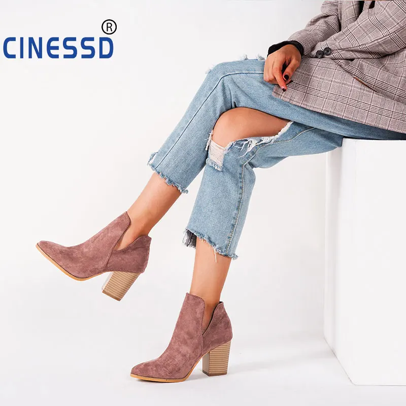 

Spring Women Designer Ankle Elegant Boots Low High Heels 8cm Zipper Short Quality Boots Shoes SIZE 36-43