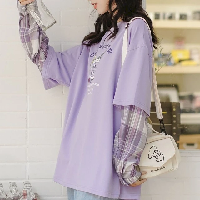 Long-sleeved Fake Two-piece Iris Purple T-shirt Women's 2022 Autumn New  Korean Version Loose Printing All-match Student Top - T-shirts - AliExpress