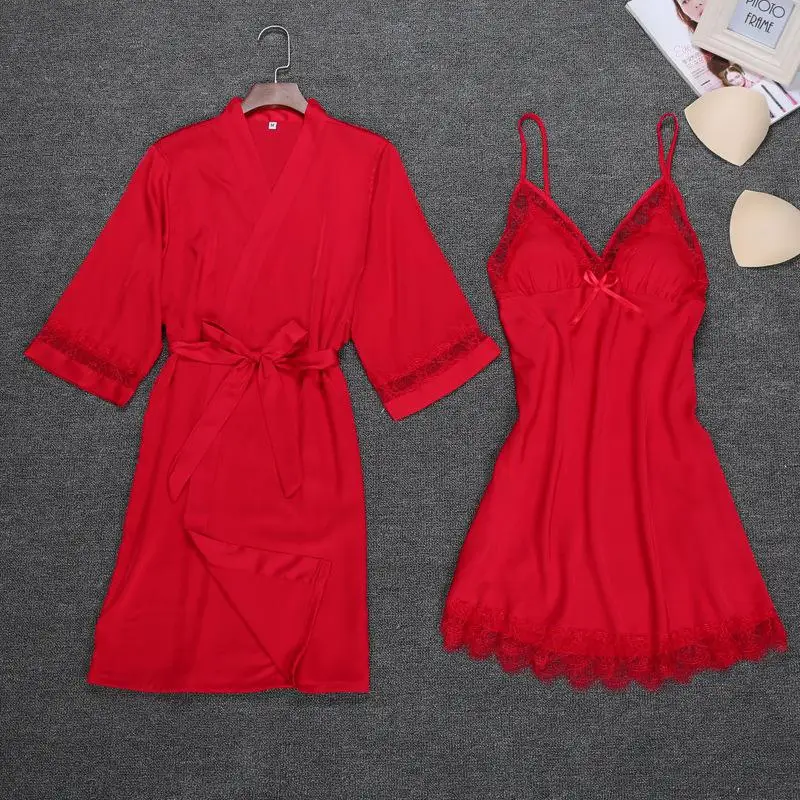 Сексуальный Бежевый женский ночной халат, топ на бретелях, Пижамный костюм, летний комплект одежды для сна из 2 предметов, повседневная домашняя ночная рубашка, халат для сна, банное платье - Цвет: Красный