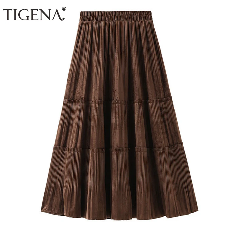 TIGENA 2021 Autumn Winter Velvet Long Skirt Women Korean Casual A Line High Waist Pleated Mid-length Brown Female Ladies | Женская