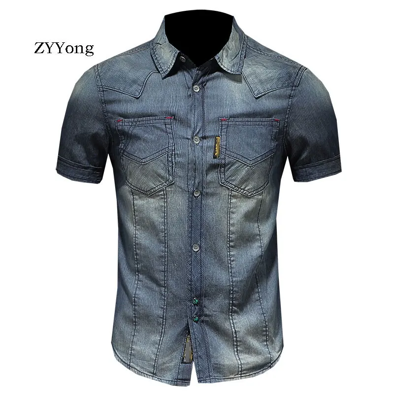 

ZYYong European And American Men's Short-Sleeved Denim Shirt Thin Section High Quality Casual Retro Slim Motorcycle Men's Shirt