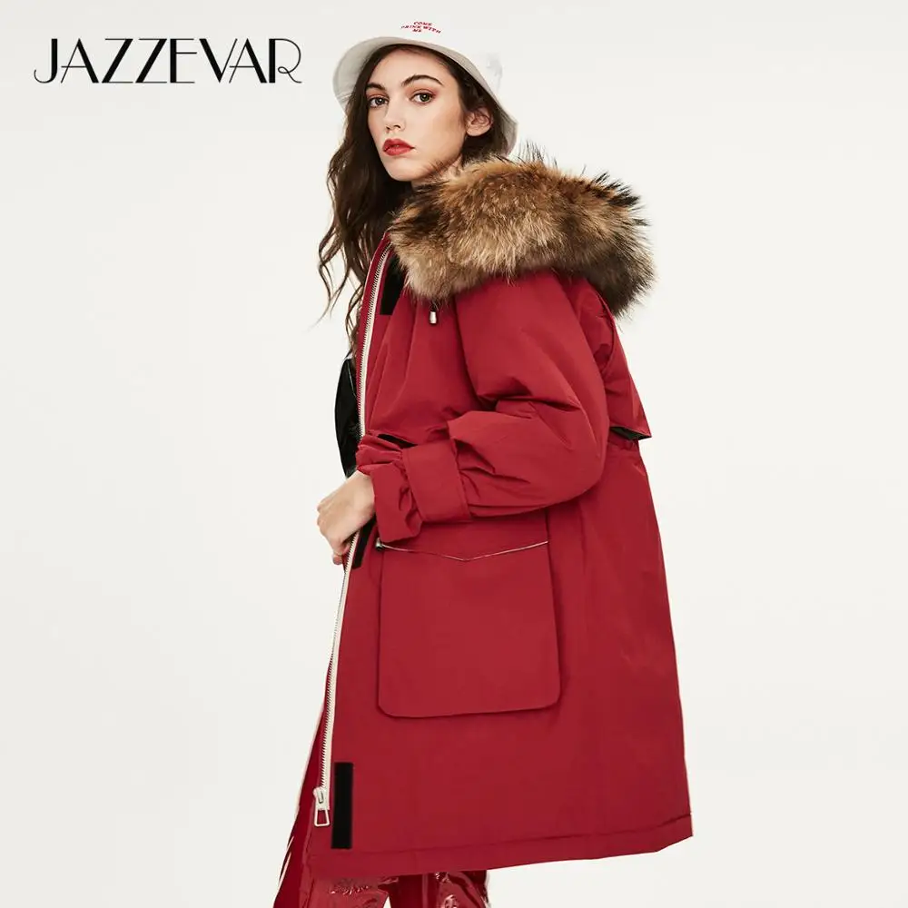 JAZZEVAR Зима Новое поступление пуховая куртка женская высокого качества средней длины с мехом теплые зимняя кyрткa Y9058