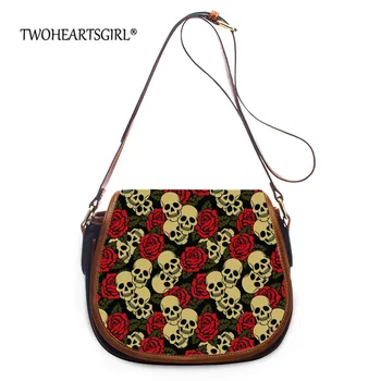 

Twoheartsgirl Floral Skull Print Crossbody Bag Women Cool Punk Style Small Messenger Bag Stylish Leather Hasp Shoulder Bags