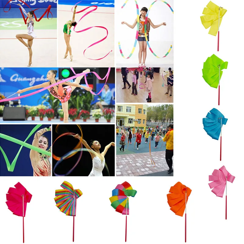 

2M/4M Colorful Gym Ribbons Dance Ribbon Rhythmic Art Gymnastic Ballet Streamer Twirling Rod Stick For Gym Training Professional