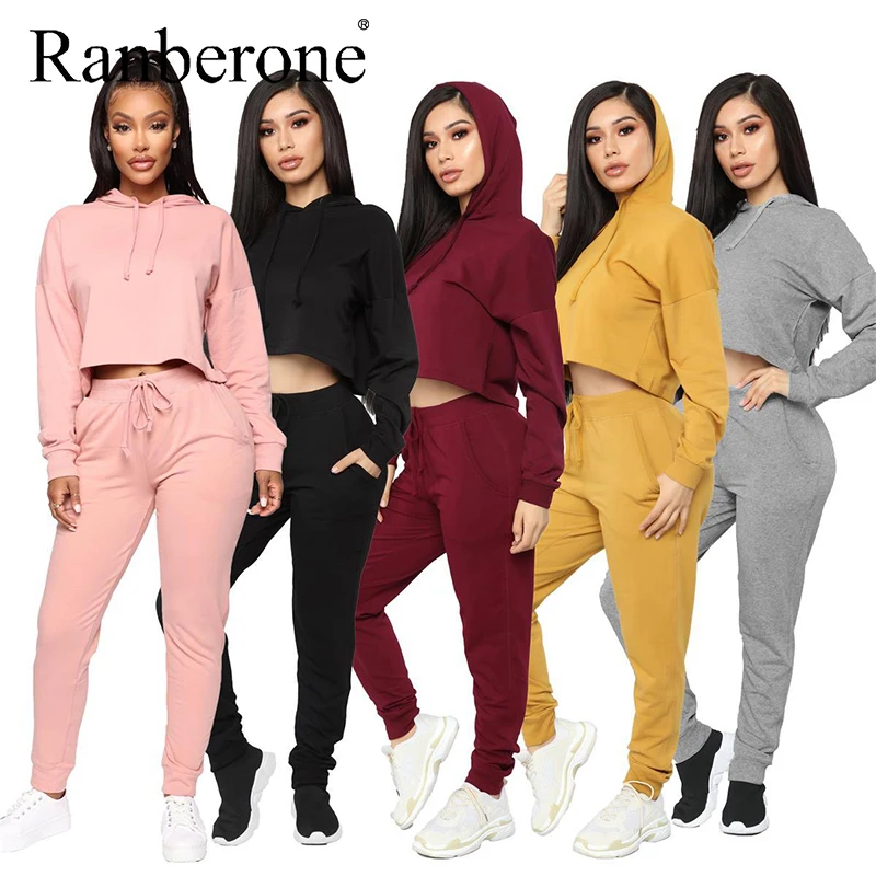 Ranberone Fashion Suit Women Sport Solid Color Sportswear Autumn Oversize Hoodie Jump Sweatpants Suits Sexy 2 Pieces Set 2020 |