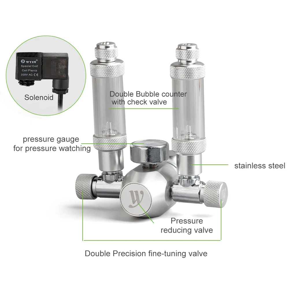 

Aquarium Co2 Regulator Co2 Pressure Regulator With Solenoid Double Trim Valve Bubble Counter Check Valve 12V Fish Tank Co2 DIY