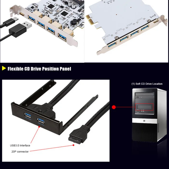 Улучшенная 4-портовый USB 3,0 Тип-C 19PIN карты расширения Dual Core Позолоченный разъем DU55