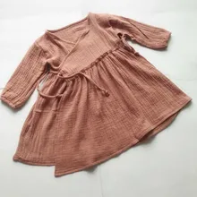 Коллекция года, осеннее платье в европейском и американском стиле для девочек повседневное льняное платье с v-образным вырезом для малышей Детское платье принцессы модная одежда с рюшами,#5378