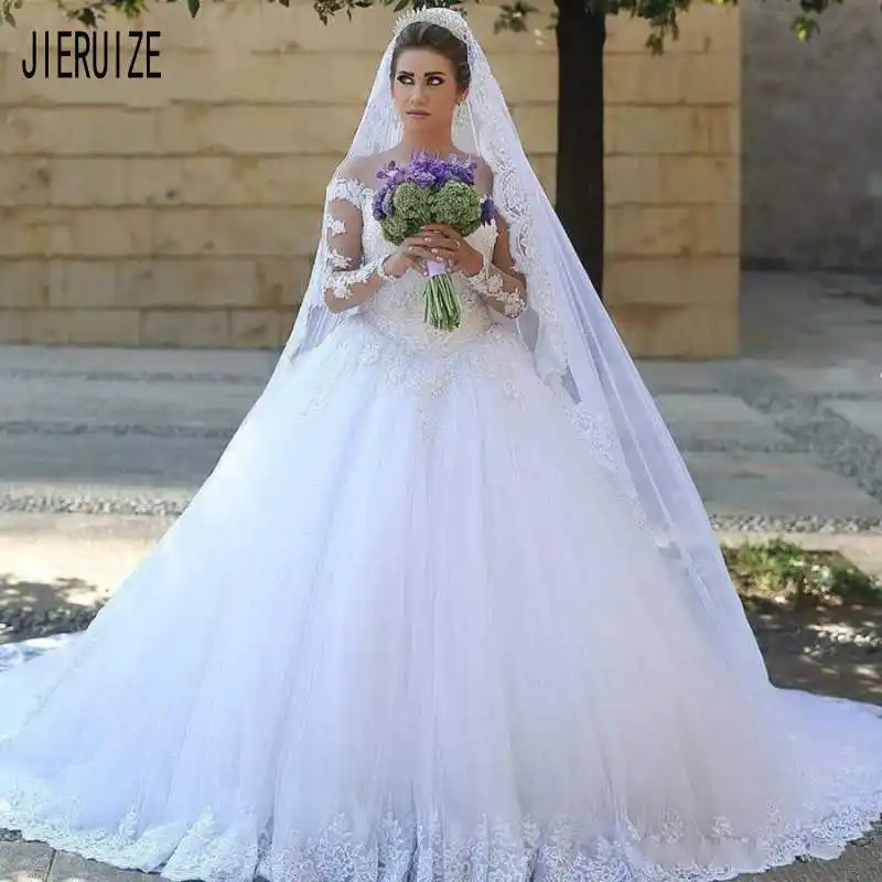 

JIERUIZE Vestidos De Noiva Elegant Wedding Dresses Long Sleeve Scoop Neck White Appliques Dubai Lace Wedding Gowns Robe Mariage