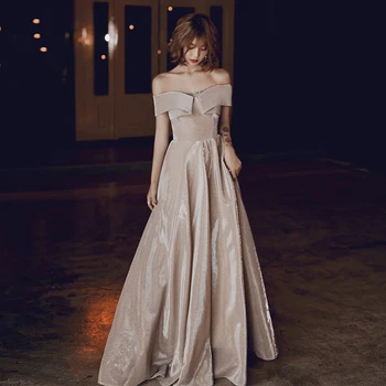 

BGW HT42022 Light Satin A Line Off Shoulder Evening Dresses Sexy V Neck Short Sleeves Robe De Soiree Musulmane Longue 2020