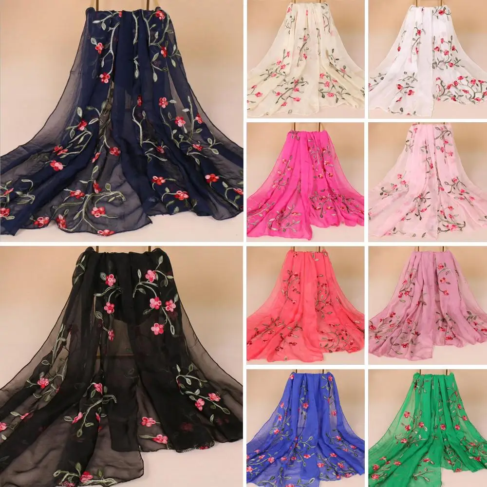 

Fashion Women Soft Long Neck Large Scarf Wrap Shawl Flower Embroidery Ethnic Chiffon Stole Long Scarves Pashmina Cape 180*75CM