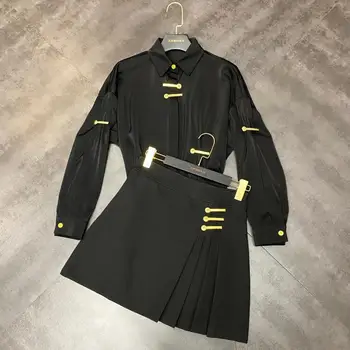

Celebrity 2020 Spring New Metal Brooch Mercerized Shirt Blouse + Brooch Short Skirt Two-piece OL Elegant Women Skirt Sets