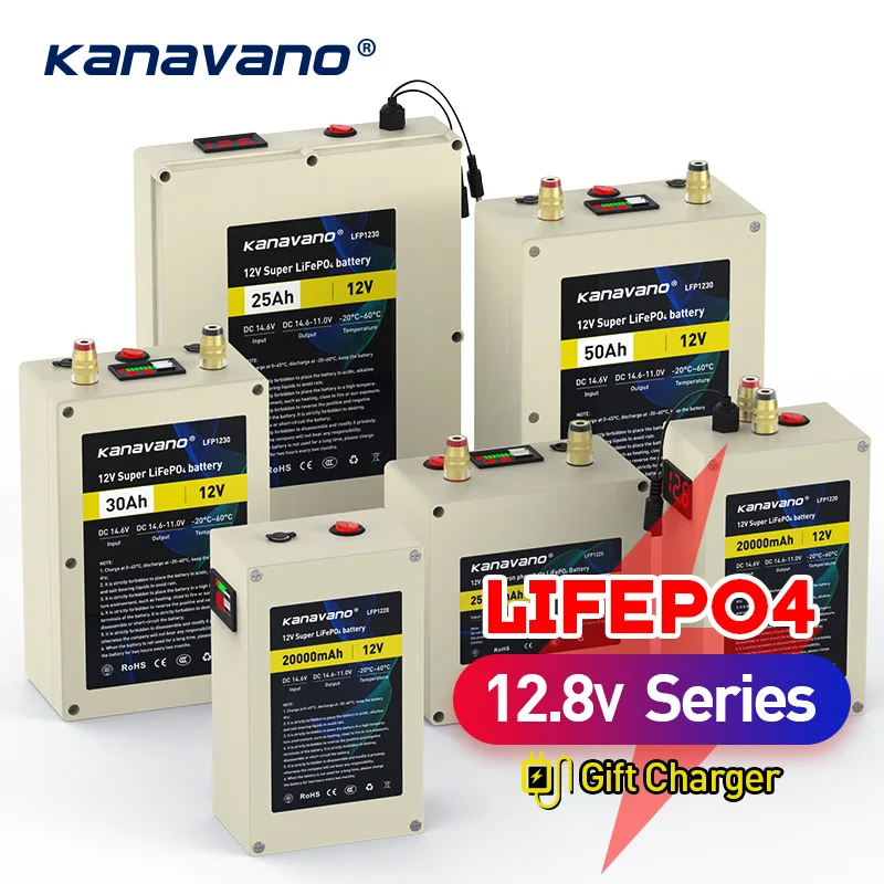 Kanavno 12V Deep Cycle LiFePO4 Rechargeable Battery Pack 12.8V 20Ah 30Ah 40Ah 50Ah Life Cycles 4000 with Built-in BMS Protection |