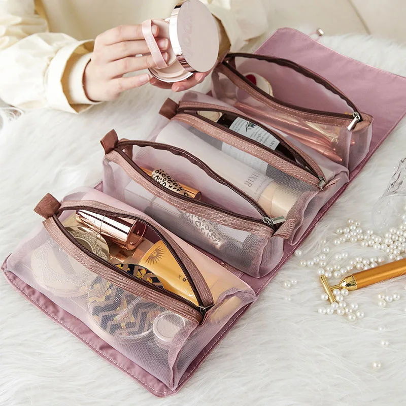 4 pçs em 1 saco cosmético para mulheres zíper malha separável cosméticos bolsa senhoras dobrável saco de náilon corda saco de maquiagem kosmetyczka - 30+ coisas para uma viagem confortável