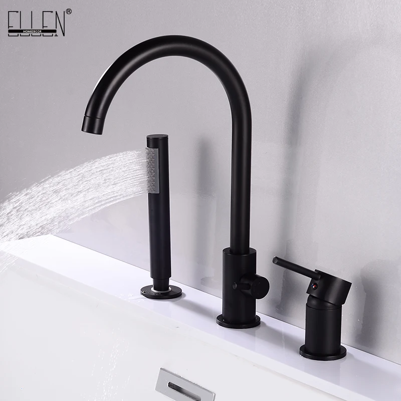 Shower Set Bathtub Faucet Shower Faucet 3 Holes Black Hot Cold Bath Shower Faucet with Hand Shower Deck Mounted Water Mixer Crane ELB103