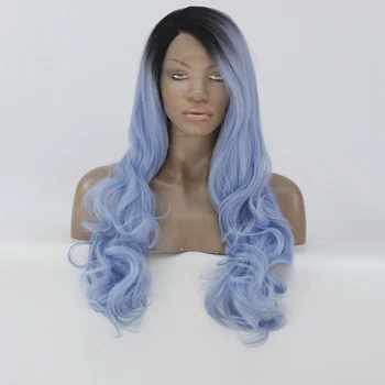 

Ombre Blue Wig With Black Roots Long Wavy Heat Resistant Fiber Hair Wholesale Cheap Synthetic Lace Front Wig For Women Half Hand