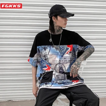 

FGKKS Men Fashion Printing T Shirts Summer New Men's Hip Hop Multi-Pocket Long T-Shirts Male Streetwear High Quality Tee Shirts