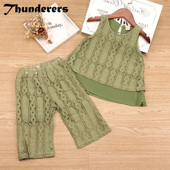 

Thunderers Summer Elegant Girl Clothing Set Lace Hollow Girl Suit Solid Vest With Short Pants Cotton Children 2pcs Outfits