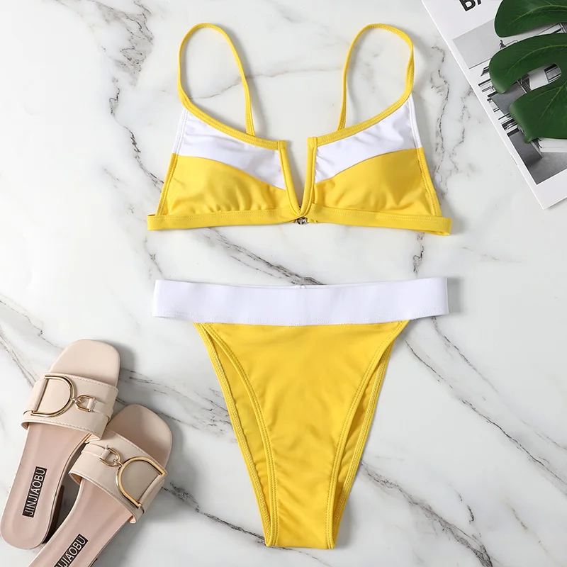 

2020 New Sexy Summer Women Two Pieces Swimsuit Yellow Patchwork Bikini Thong Swimwear Push Up Bathing Suit Bohemia Beach Wear