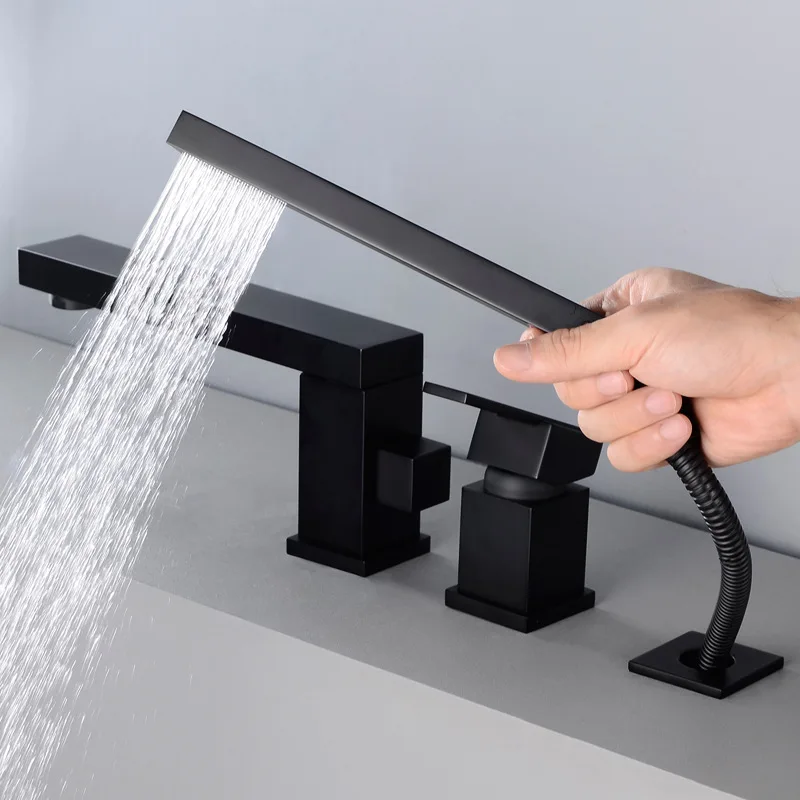 

Copper Black And White with Pattern Square Bathtub Faucet Split Three Four-piece Set Shower Faucet Pulling Handheld Sprinkler YG