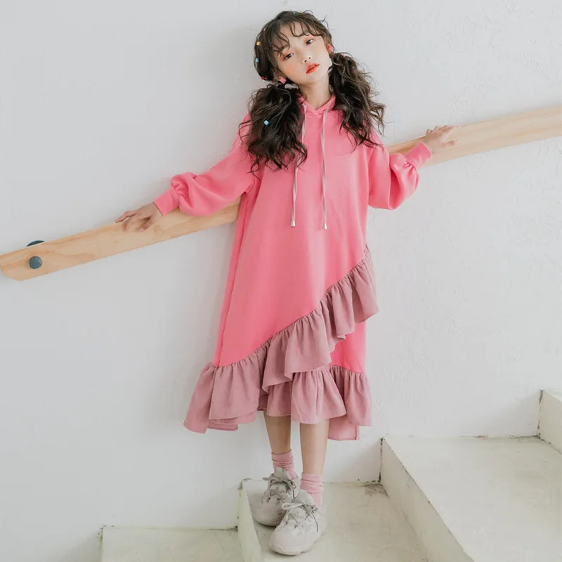 

Long Sleeve Hoodie Dress for Teenage Girls High Quality Children Ruffle Dresses Loose Robe Princesse Enfant Fille 4 8 10 14Yrs