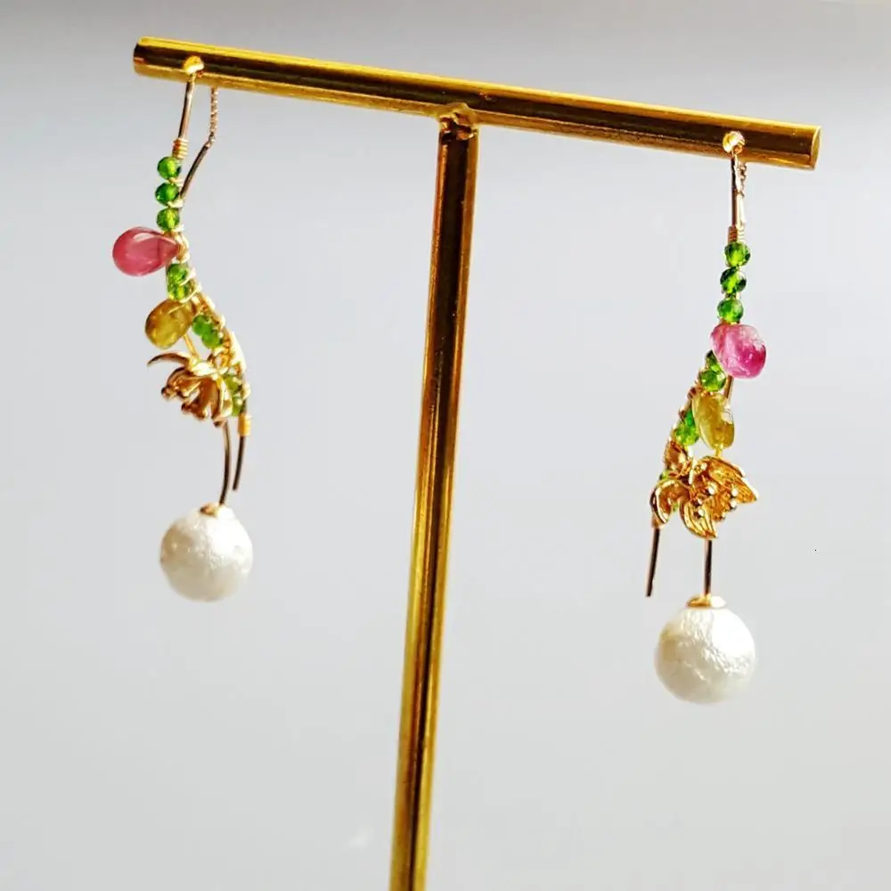 

Lily Jewelry Diopsides Tourmalines Flower Shell Pearl Earrings 925 Sterling Silver Handmade Delicate Jewelry For Women Gift