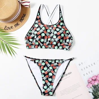

Pineapple Print Halter Crop Top Bikini Set High Neck Swimsuit Women's Swimwear Brazilian Bathing Suit Swimming Suit For Women