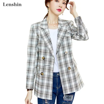 

Lenshin Woven fabric Double Breasted Plaid Blazer Elegant Casual Jacket Fashion Keep Slim Office Lady Women Outwear Coat