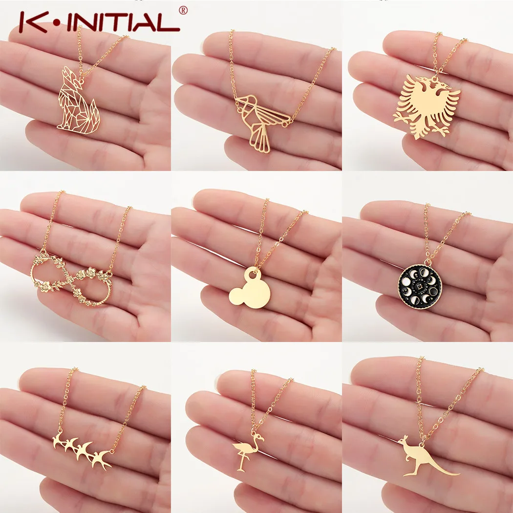 

Kinitial Stainless Steel Wolf Flamigo Pendant Necklace Women Boho Jewelry Eagle Bird Whale Tail Chain Necklaces Collier Femme