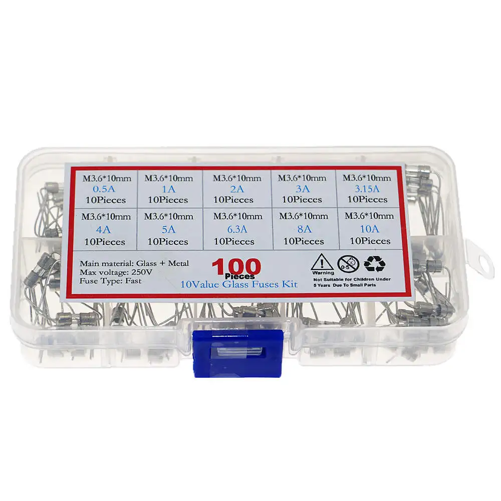 100pcs 10Kind x 10pcs  3.6*10mm 250V Double Iron Cap Axial Slow Glass Fuse With Lead Wire 0.5A 1A 2A 3A 3.15A 4A 5A 6.3A 8A 10A