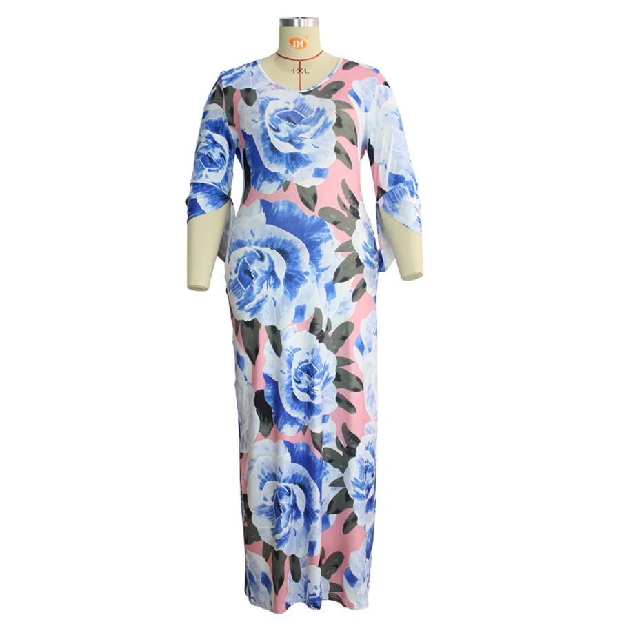 Plus Size Women Dress 3XL 4XL New African Floor Length Blue Print Deep V Neck Elegant Evening Party Night Vestidos Dresses Long