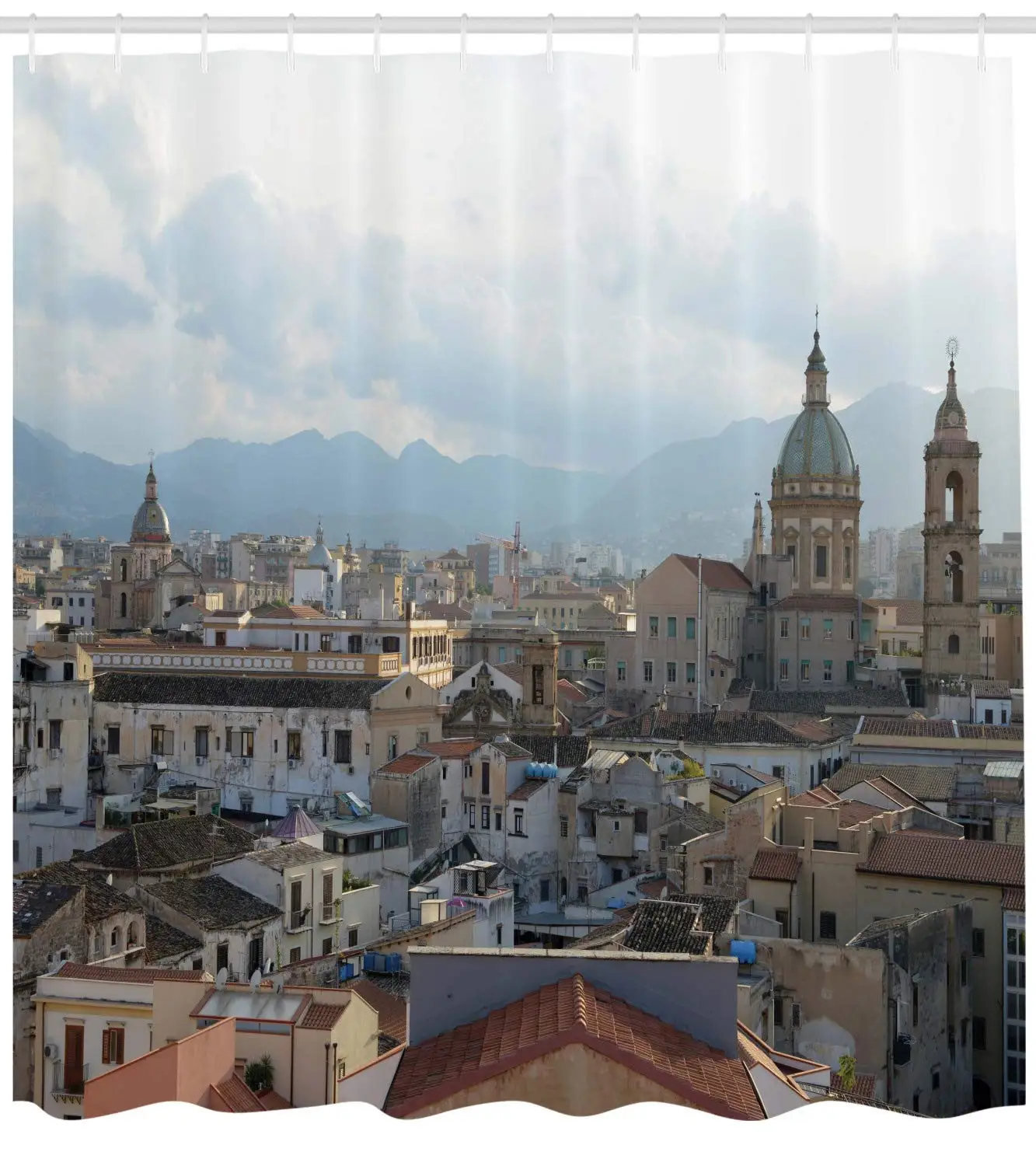 

Sicily Shower Curtain, Urban Landscape Image of Palermo City Old Buildings and Landmarks Art Print, Cloth Fabric Bathroom Decor