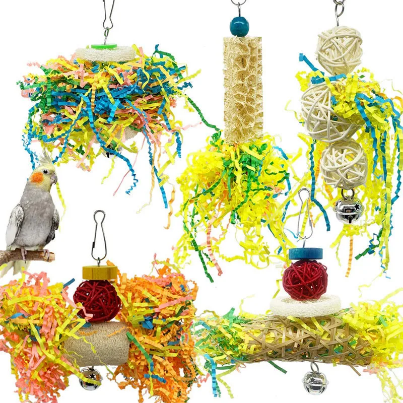 3/5Pcs Bird Parrot Shredding Toys Chewing Foraging Hanging Cage Paper Strings Wire Drawing Ball Toys Relieve Boredom