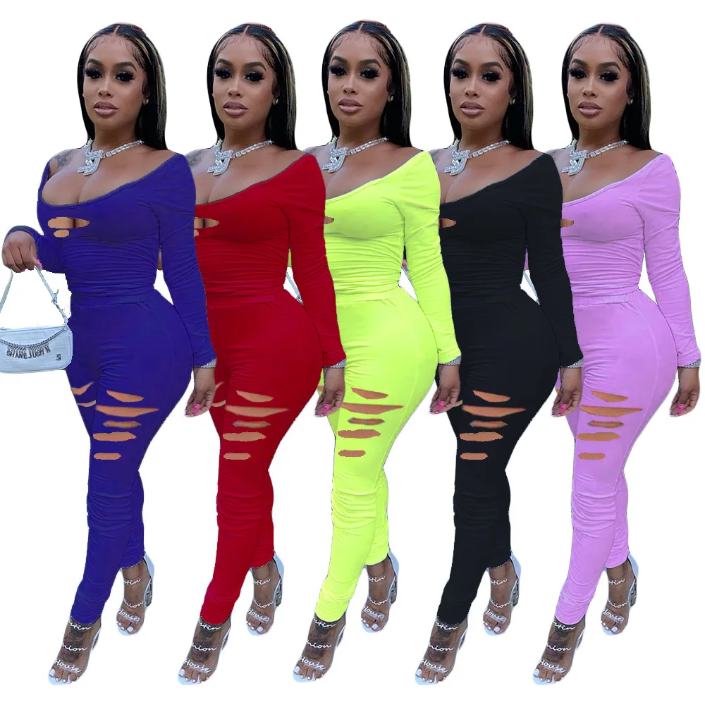 

Neon Color Cut Out O Neck Full Sleeve Slim Fit Tops and Skinny Jogger Sweatpant Lounge Wear Matching Sets Two Piece Sweatsuits