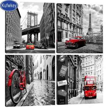 

4pcs diamond mosaic Cross stitch kit Modern City New York diamond painting full square rhinestone art diamond embroidery red bus