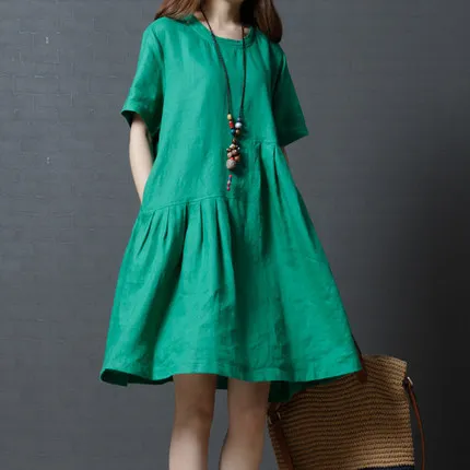 

Summer Wear New Style Korean-style Loose And Plus-sized WOMEN'S Dress-Style Solid Color Flax Crew Neck Dress