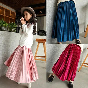 

Autumn and winter girls high waist slim big swing long pleated skirt teenage girl skirt 3-15Y