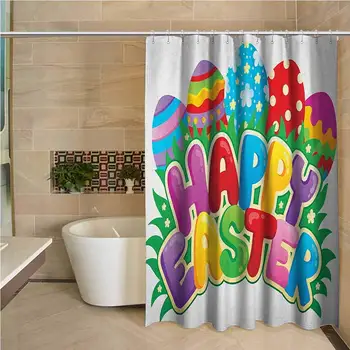 

Easter Hotel Quality Polyester Shower Curtain Cartoon Style Ornamental Eggs with Polka Dots Flowers and Stripes Happy Easter