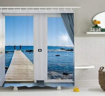

Beach Theme Decor Shower Curtain Coastal Ocean Sea Sunny Scenery with Patio from Window Fabric Bathroom Decor Set with Hooks