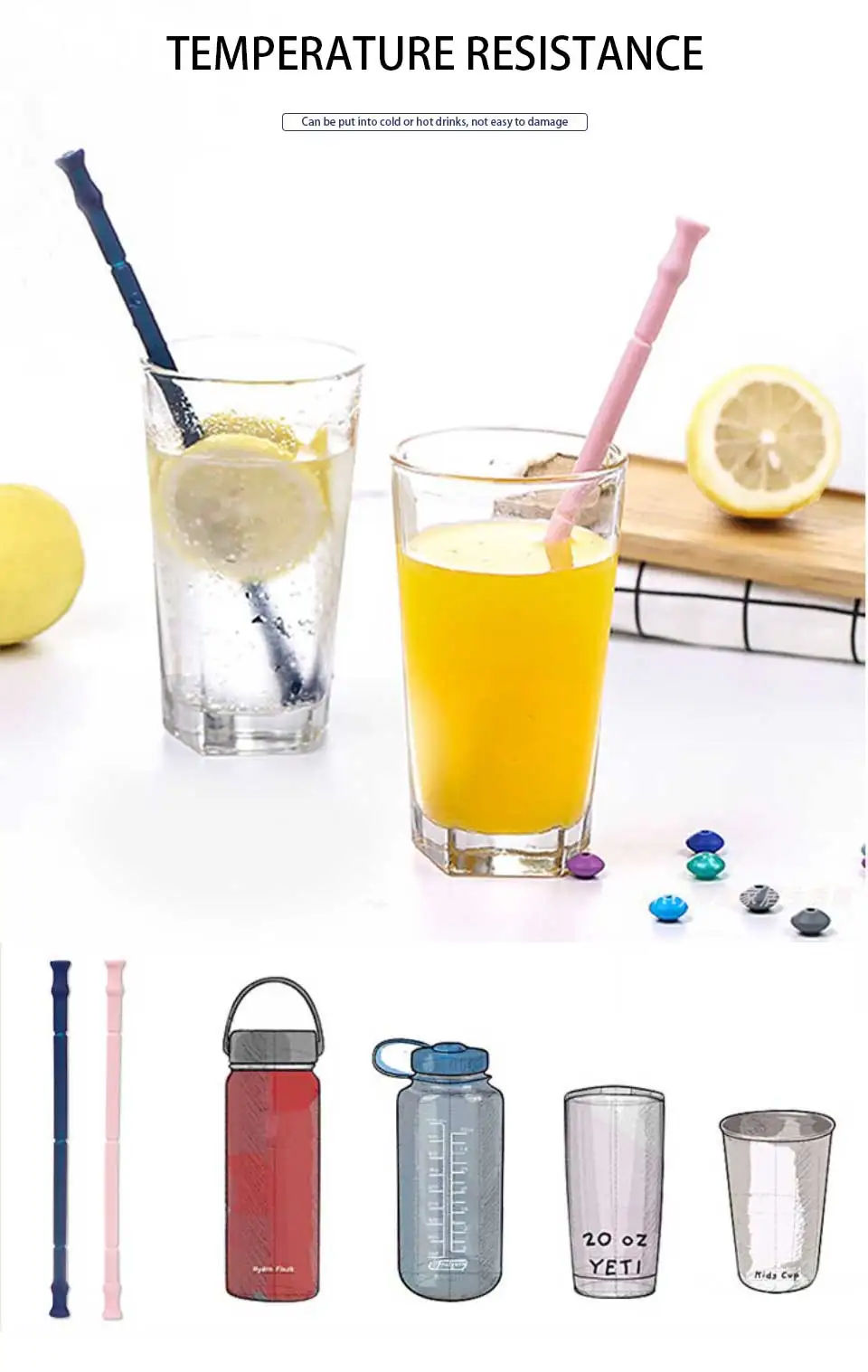 Collapsible Reusable Straw Foldable Silicone Straw Drinking Straws With Cleaning Brush Set for Travel Home Office Bar Drinks