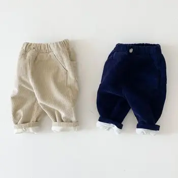 

Kids Casual Elastic Waist Pure Cotton Corduroy Pants Baby Solid Color Plus Velvet Trousers Boys And Girls Winter Warm Pants