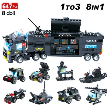 

725pcs 8 IN 1 City Police Station Compatible Building Blocks City Police SWAT Truck Car Bricks Toys for Boys Children
