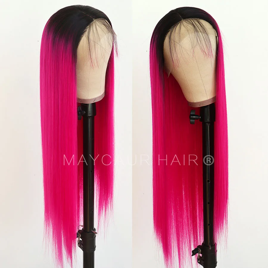 Maycaur Red Black Rose Red Color Long Straight Lace Front Wigs Heat Resistant Glueless Synthetic Hair Wigs for Women (2)