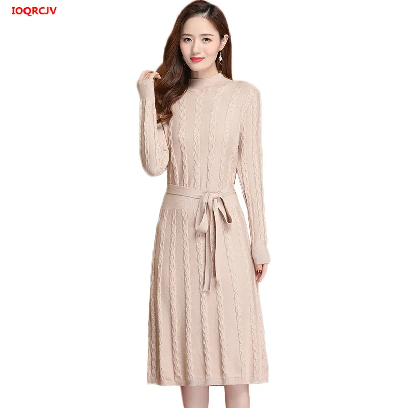 Осенне-зимнее женское трикотажное платье-свитер с высоким воротником, теплый вязаный пуловер, платья-свитера, милое ТРАПЕЦИЕВИДНОЕ платье с поясом, Vestido W1602