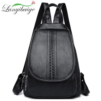 

high quality Black Women Leather backpack fashion women travel backpack school bag For teens girl ladys Preppy mochila feminina