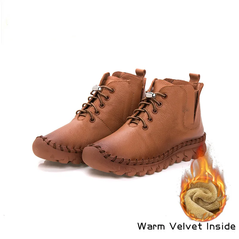 Handmade Ankle Boots With Fur Retro Boots Shoes Women Fashion Handmade Slip-on Soft Leather Winter Warm Boots Ladies X7-79 - Цвет: Brownwinter