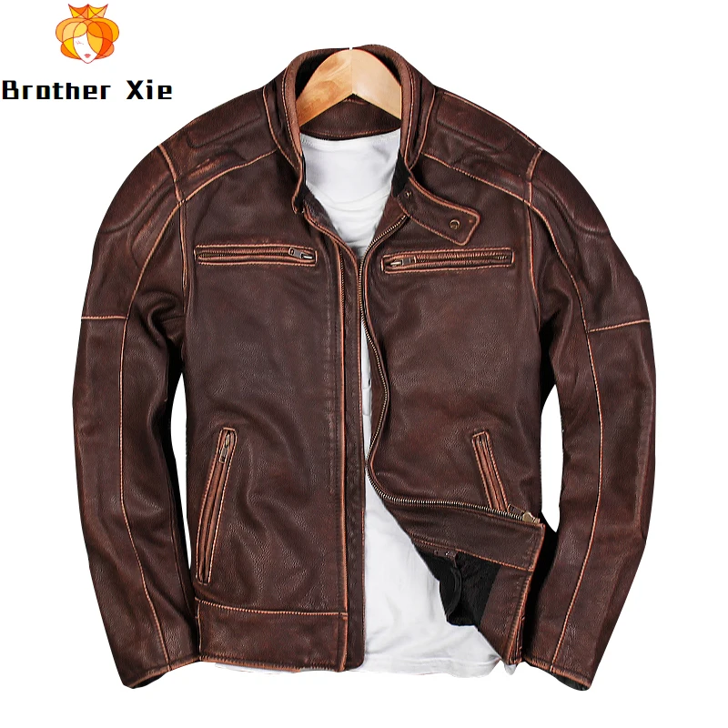 

2020 Men's Vintage Genuine Leather Jacket Red Brown Motor Biker Real Cowhide Leather Jacket Button Patchwork Slim Outwear S-5XL