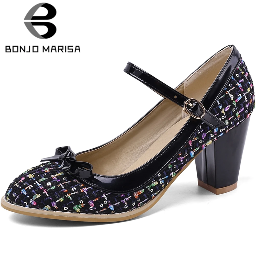 

BONJOMARISA Plus Size 32-48 New Ladies Mary Janes Pumps Fashion Chunky High Heels Pumps Women Spring Autumn Party Ol Shoes Woman