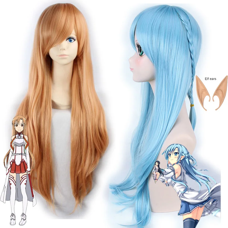 Yuuki Asuna Cosplay Wig Sword Art Online Asuna Elf Ears and Aqua Straight Hair Titania Costume Accessories Free Wig Cap0 (1)